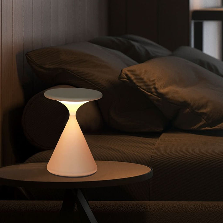 Three aluminum table lamp colors - white, light, dark - side by side