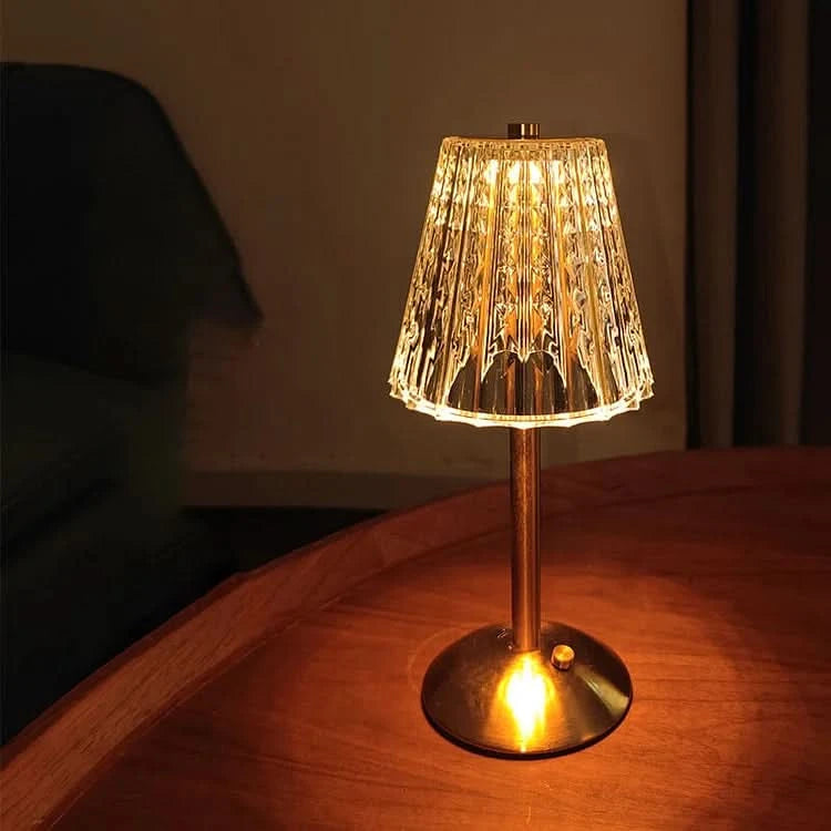 Crystal LED lamp close-up showing light refraction through acrylic shade