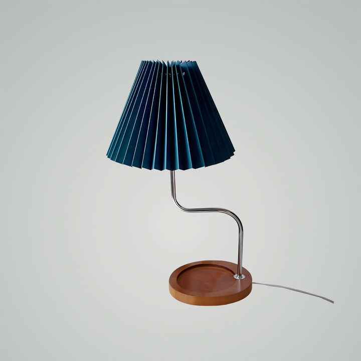 Pleated fabric table lamp with wooden tray base in dark blue shade