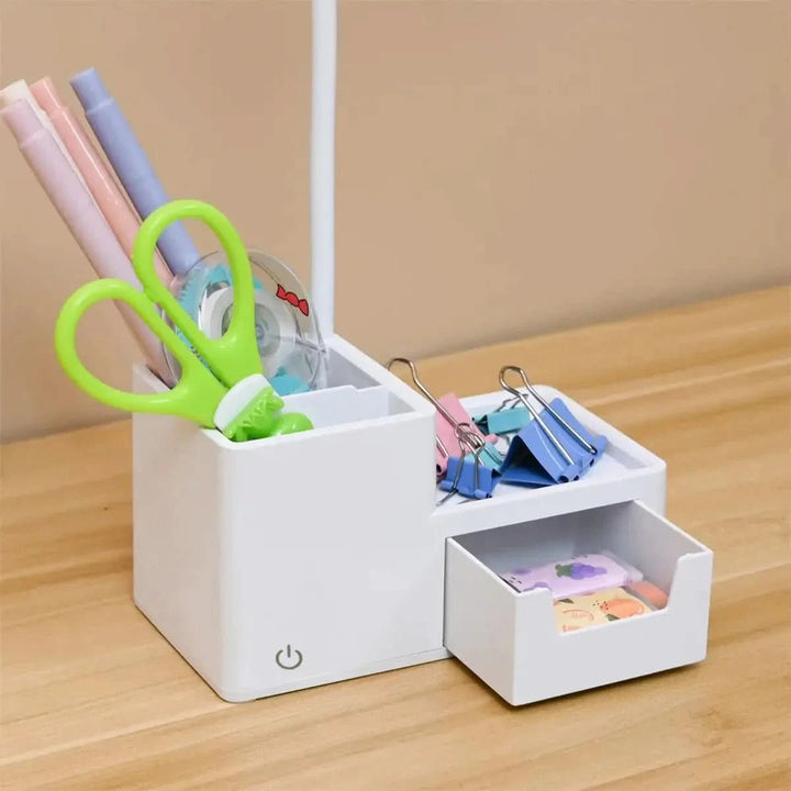 Rechargeable desk lamp folded flat showing compact portable design