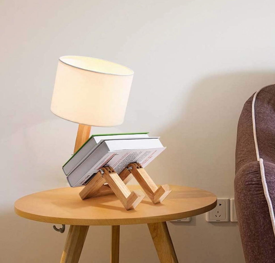 Scandinavian Style Wooden Table Lamp with Adjustable Head and Integrated Shelf - White and Natural Finish for Bedroom or Office 2