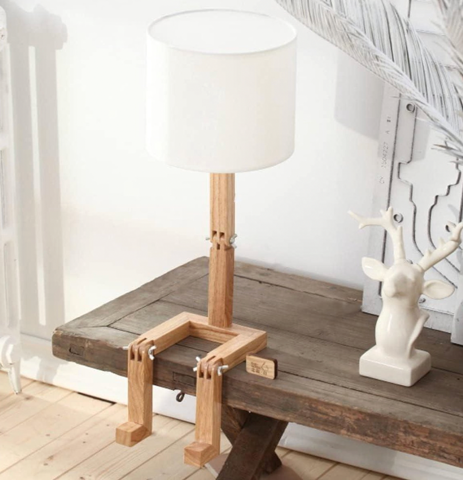Scandinavian Style Wooden Table Lamp with Adjustable Head and Integrated Shelf - White and Natural Finish for Bedroom or Office 3
