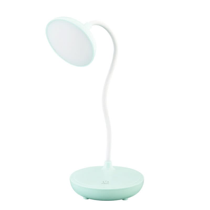 Blue pastel LED desk lamp with curved design on study desk